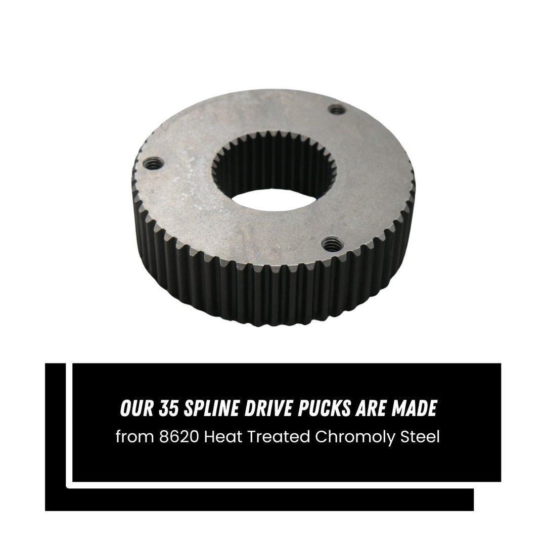 Dana 60 off-road drive flange assembly made from 8620 heat treated chromoly steel on a white background