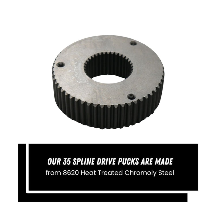 Dana 60 off-road drive flange assembly made from 8620 heat treated chromoly steel on a white background