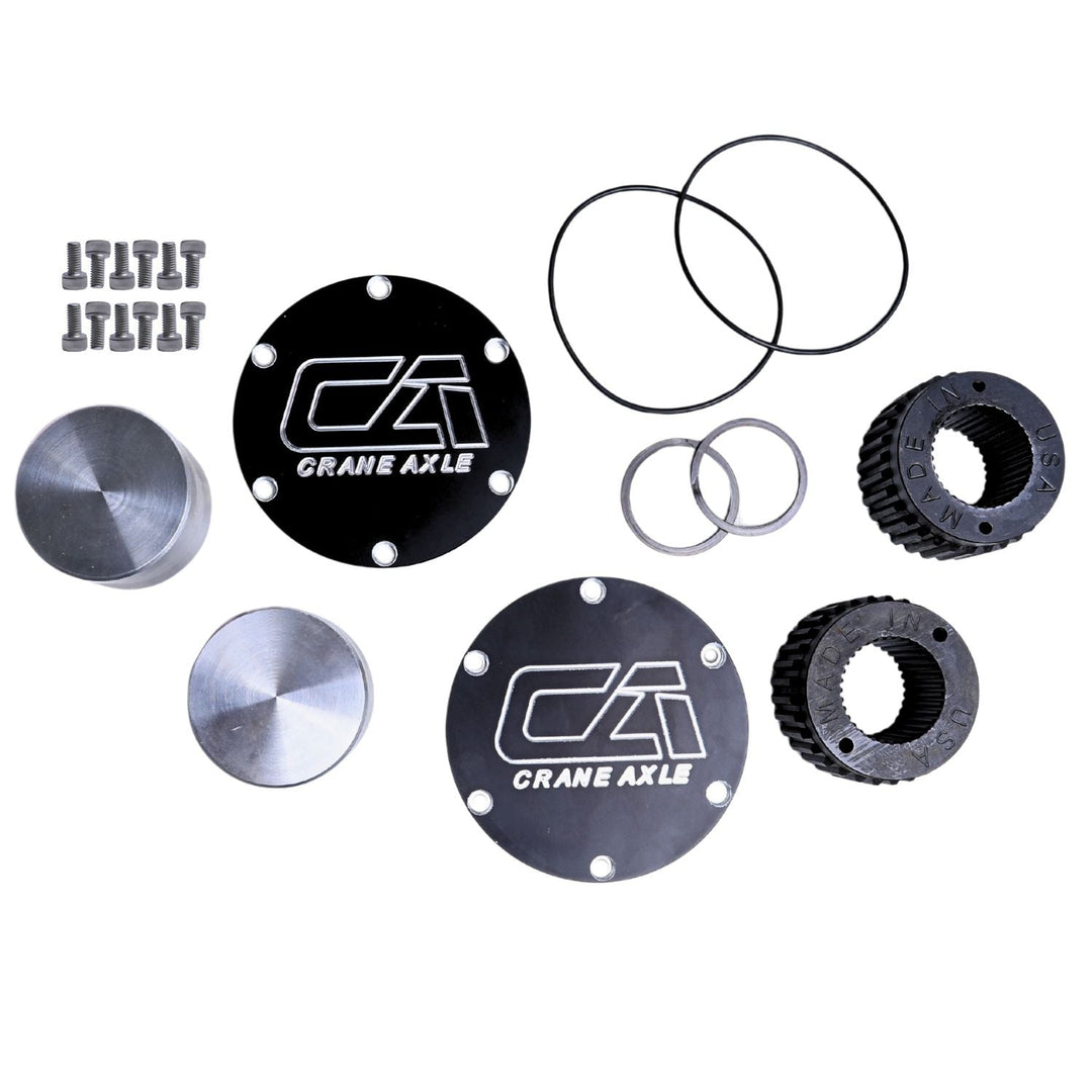 Collection of Crane Axle 35 spline Ford Super Duty drive flange kit components on a white background