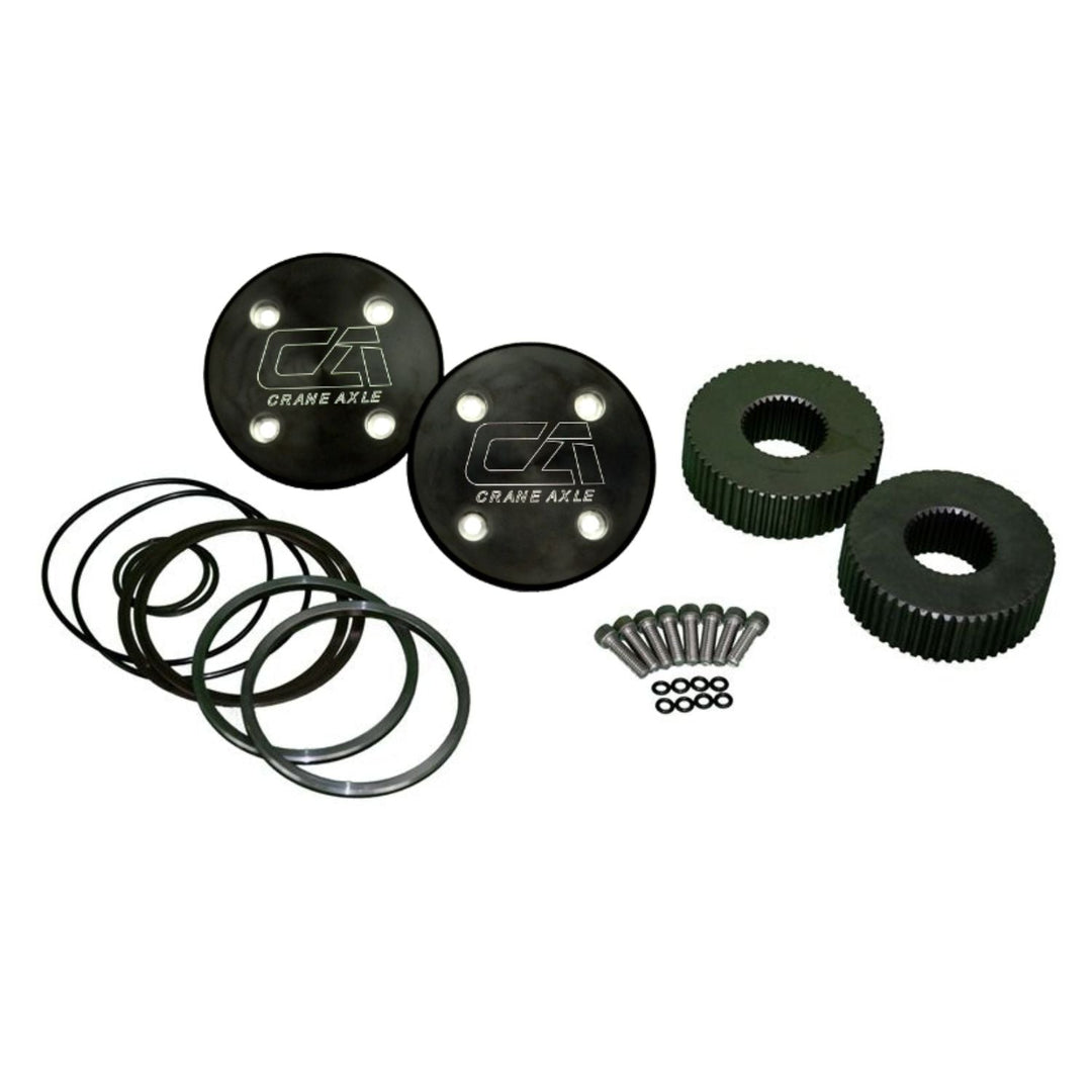 Set of black dana 60 40 spline drive flange upgrade kit with Crane Axle logo on a white background