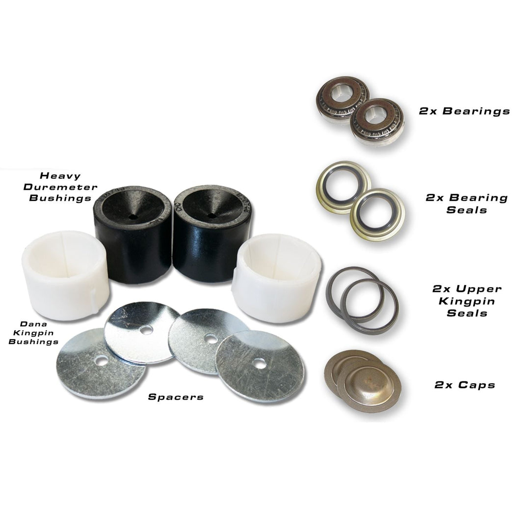 Crane Axle Dana 60 upgrade including bearings, bushings, seals, and spacers on a white background.