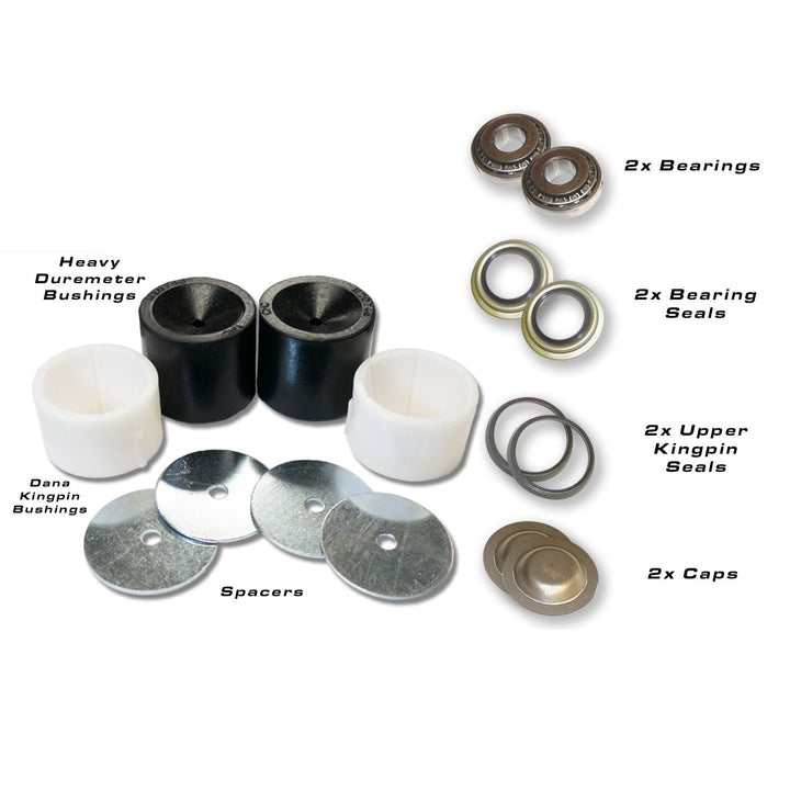 Crane Axle Dana 60 upgrade including bearings, bushings, seals, and spacers on a white background.