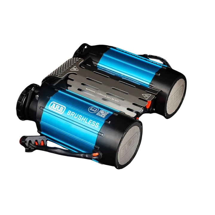 Blue and black ARB strongest 12v air compressor for large off road tires on a white background