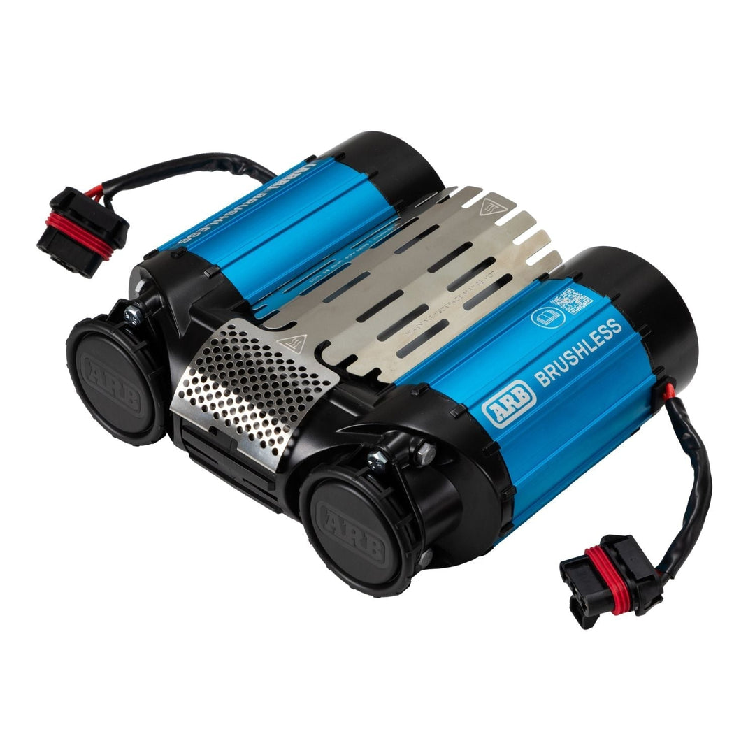 Blue and black ARB brushless high output compressor for off road tire inflation on a white background