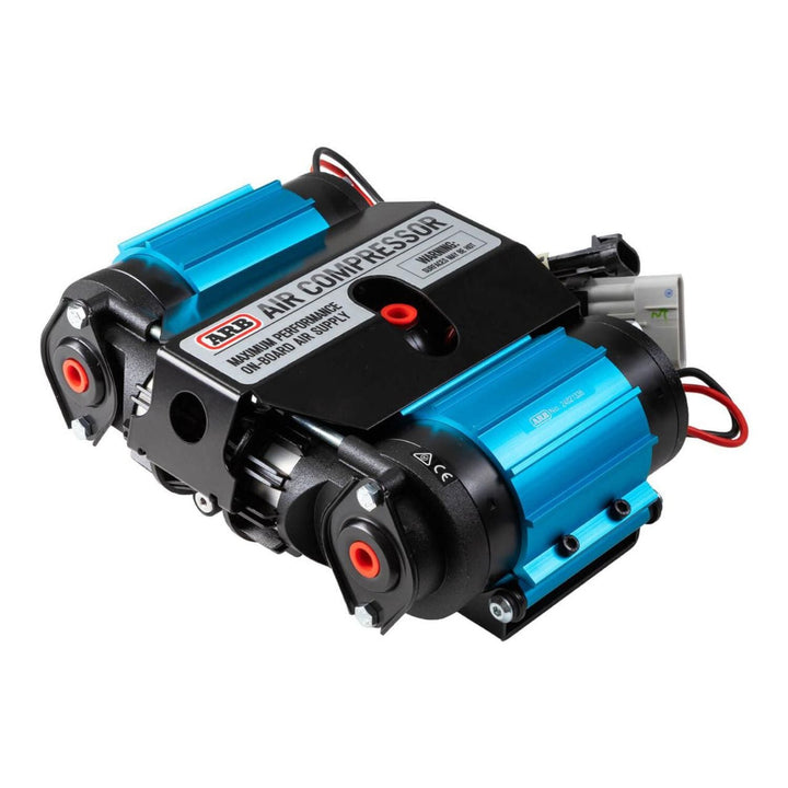 Blue and black arb twin motor air compressor for off-road on a white background