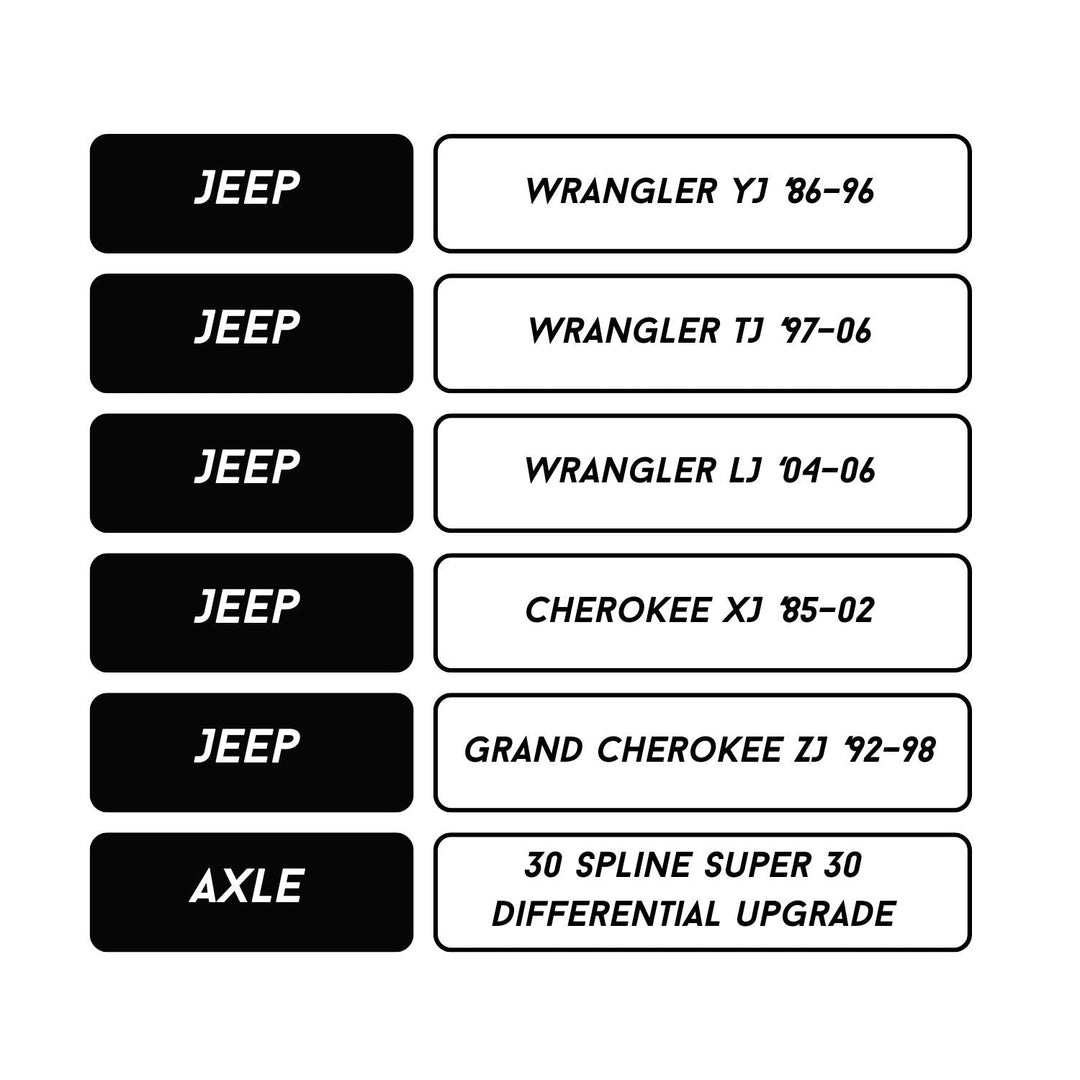 RCV 30-Spline Dana Super 30 CV Axle Set for Jeep YJ, TJ, LJ, XJ, ZJ