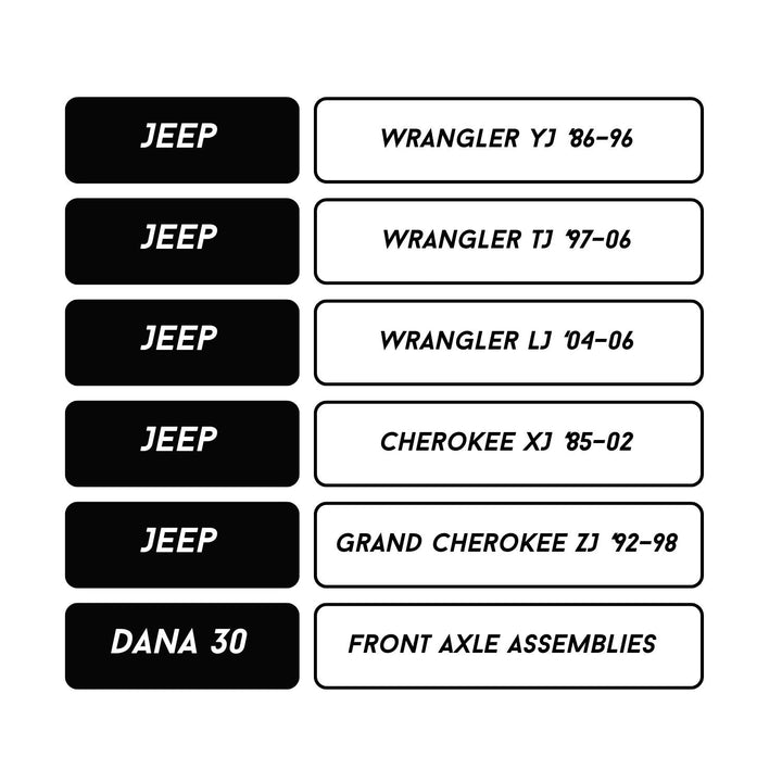 Set of Jeep dana 30 heavy duty axle shaft fitment table on a white background