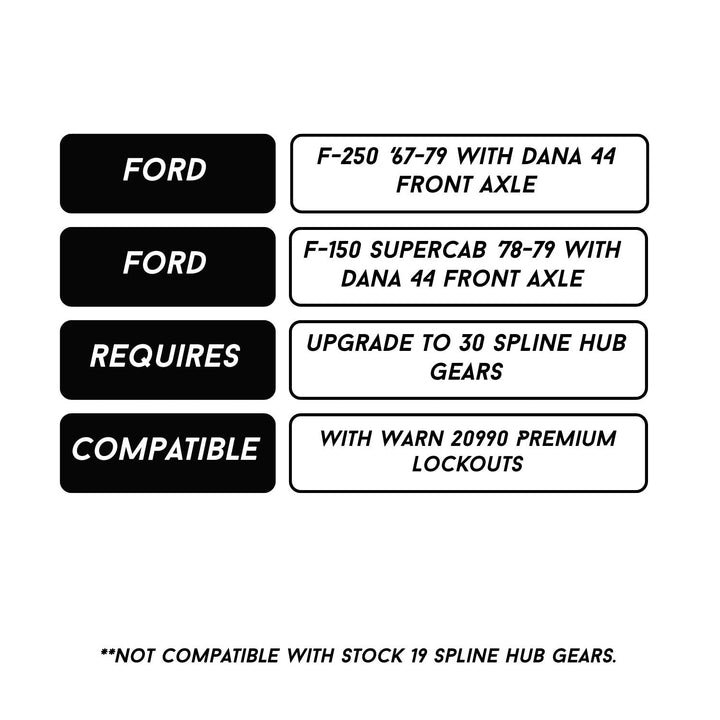 Set of black and white compatibility labels for rcv 30 spline conversion for ford truck axles on a white background