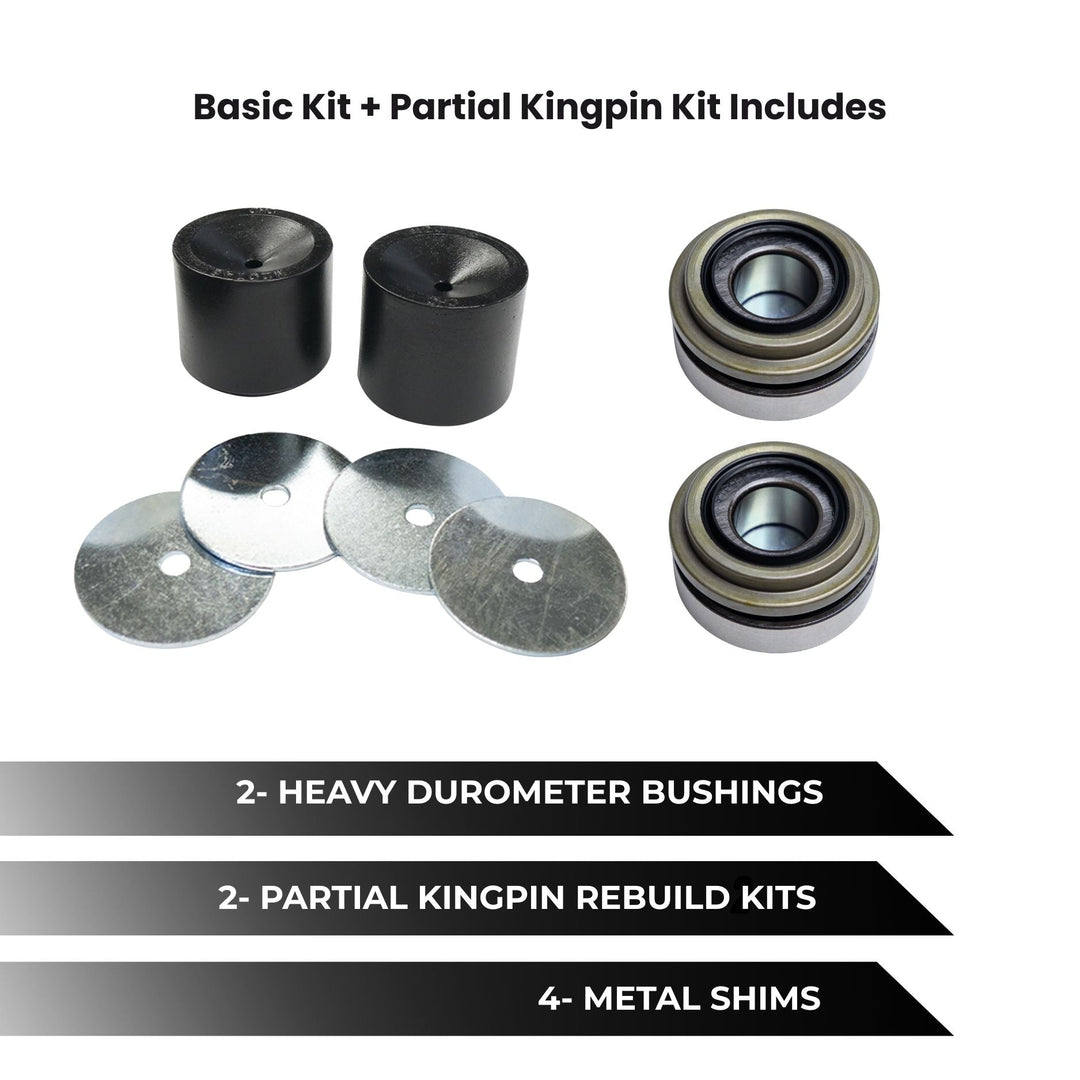 Dana 60 kingpin steering upgrade kit including bearings and bushings on a white background with text detailing contents.