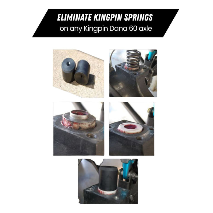 Step-by-step process of eliminating Kingpin death wobble fix on a Dana 60 axle with text overlay.