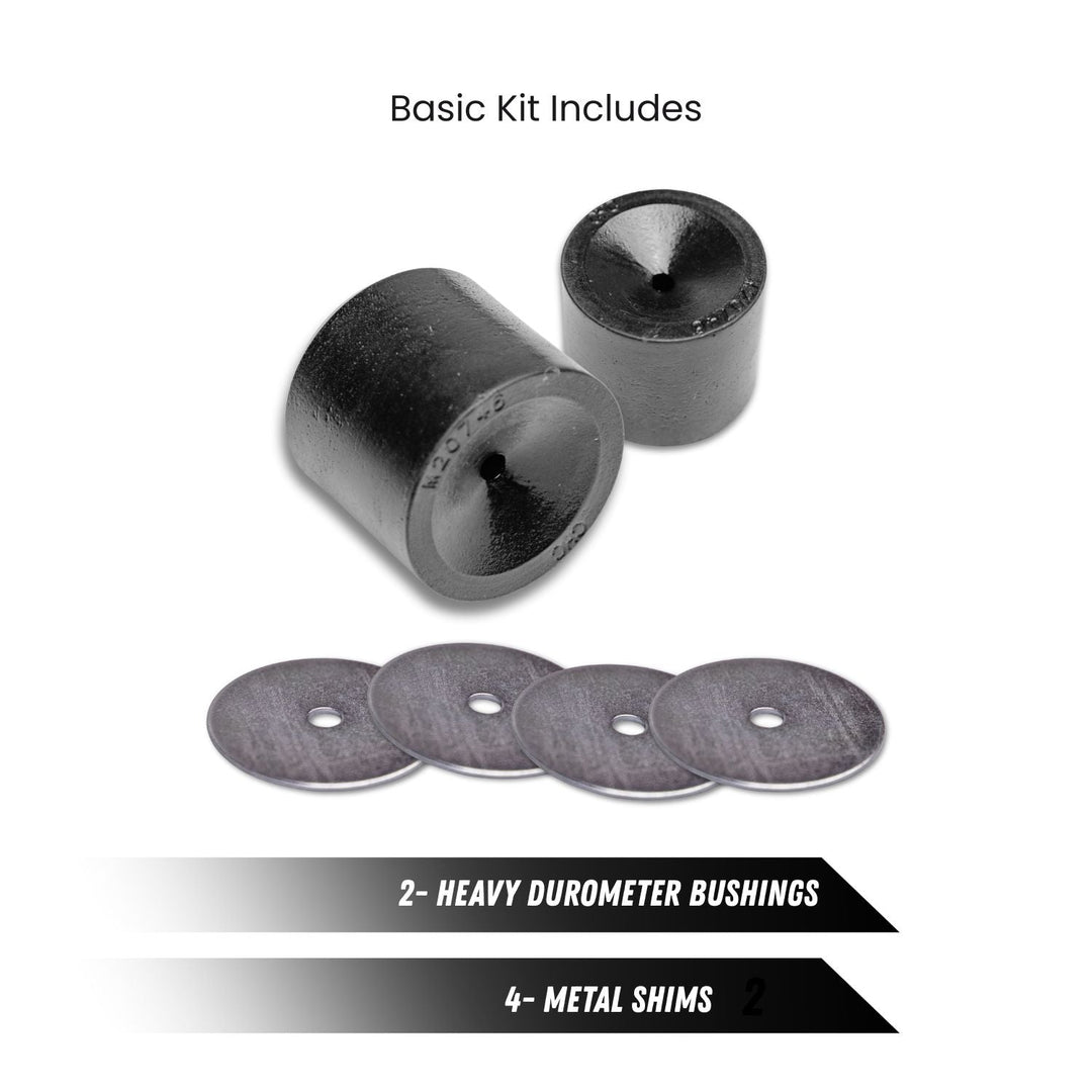 Dana 60 Kingpin Spring Eliminator Kit with heavy durometer bushings and metal shims on a white background