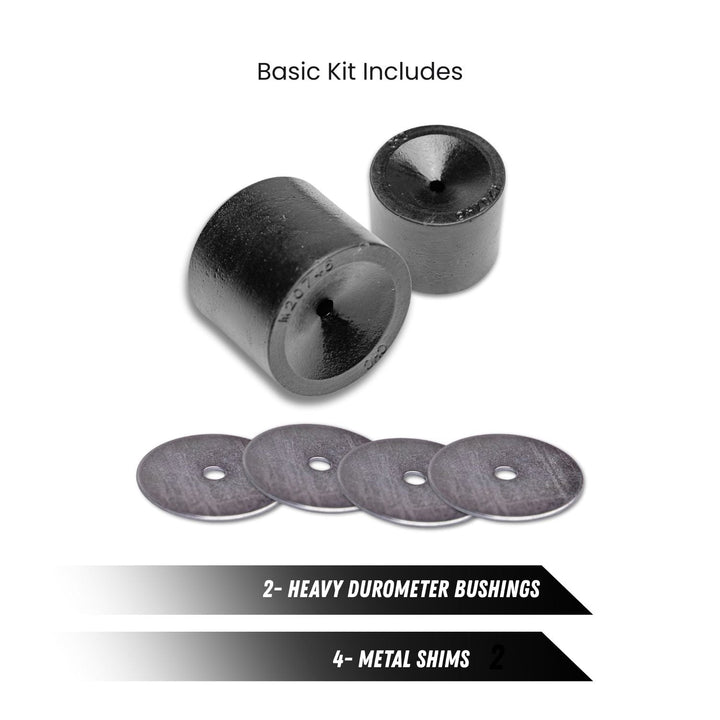 Dana 60 Kingpin Spring Eliminator Kit with heavy durometer bushings and metal shims on a white background