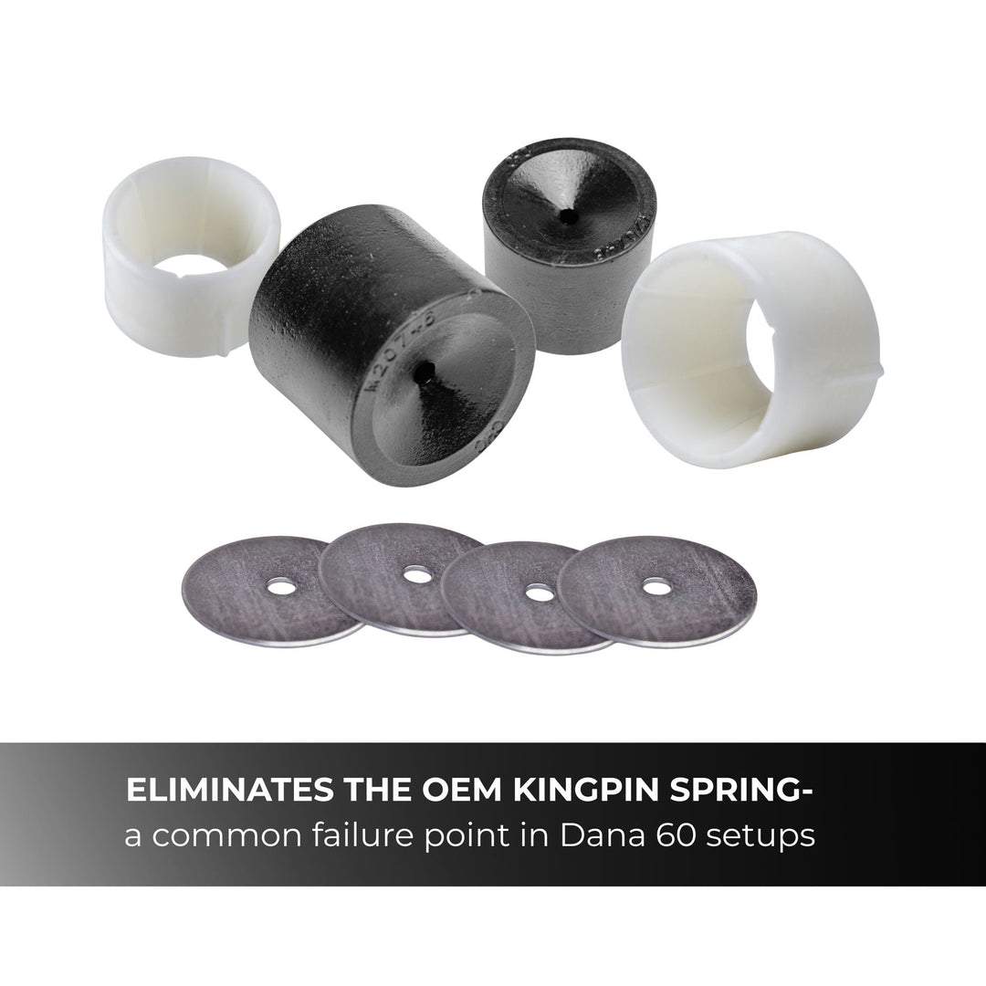 Dana 60 Kingpin death wobble fix kit with text explaining kingpin spring failure on white back ground