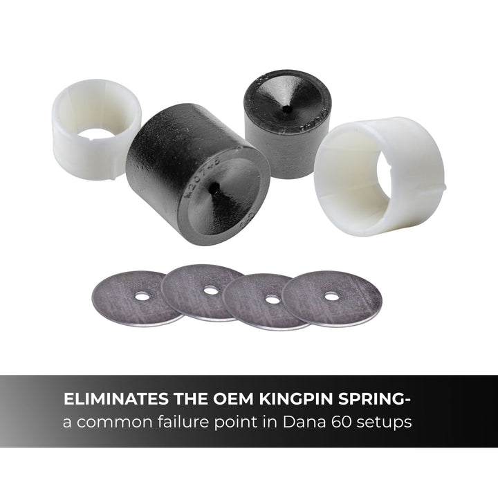 Dana 60 Kingpin death wobble fix kit with text explaining kingpin spring failure on white back ground