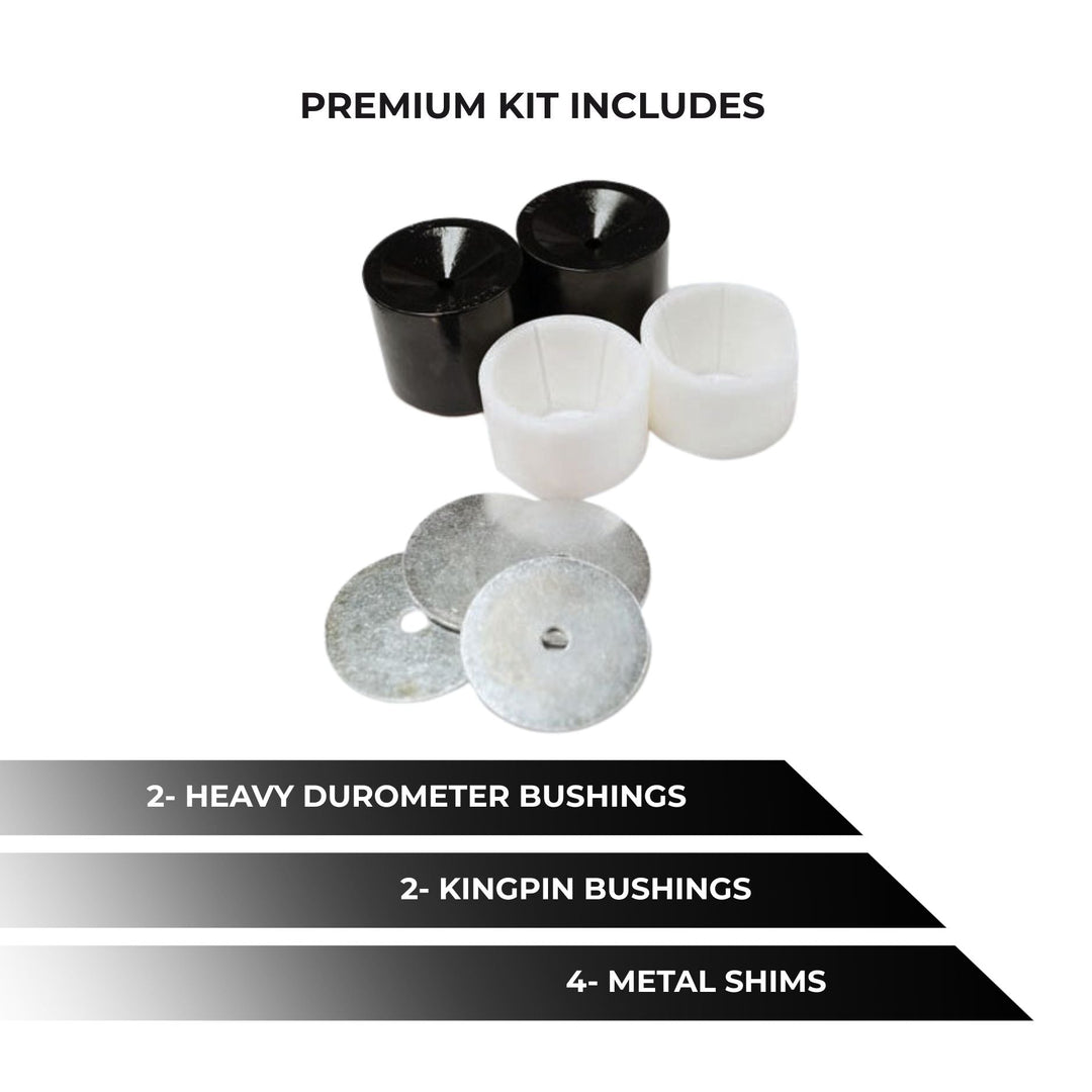 Heavy-duty Dana 60 steering bushing kit contents including heavy durometer bushings, kingpin bushings, and metal shims on a white background.