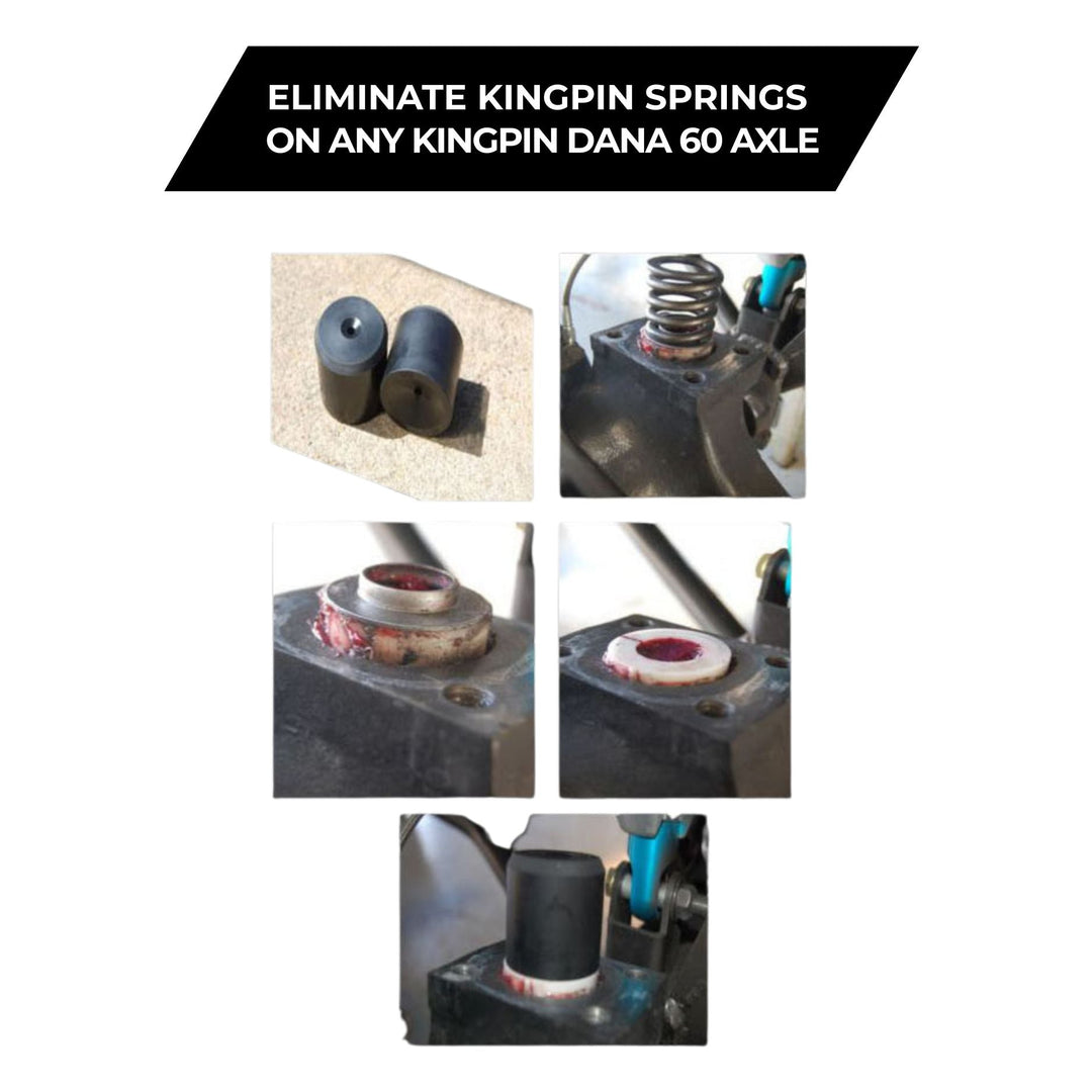 Step by step images showing how crane axle steering stabilizer kit eliminates kingpin springs on a Dana 60 axle with text overlay.