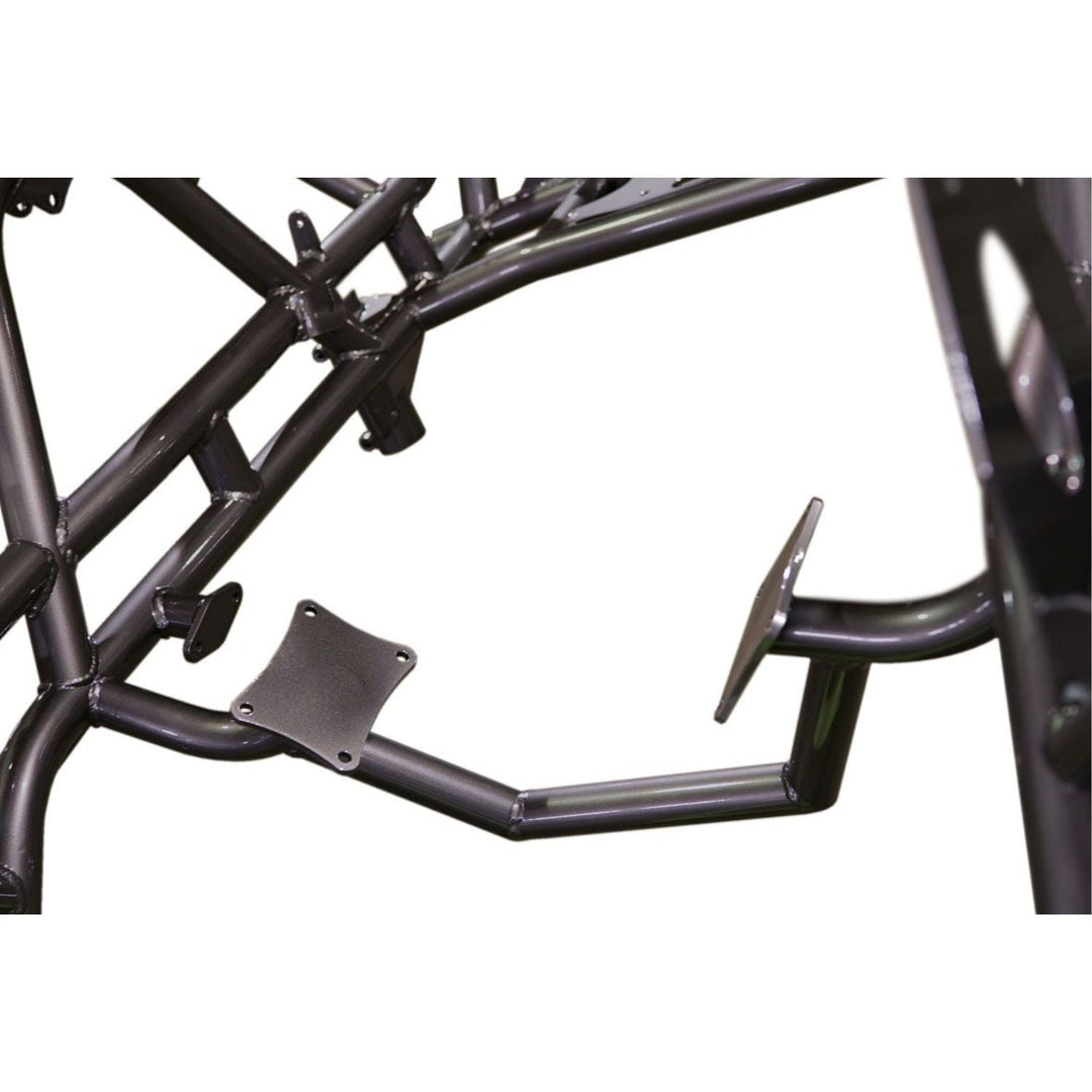 Close-up of a black 1/4 steel ls motor plates in use on a chassis on a white background