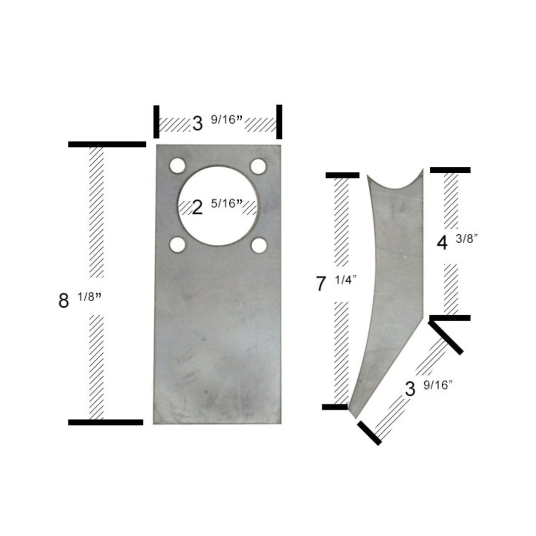 weld on tube steering valve bracket with dimensions on a white background