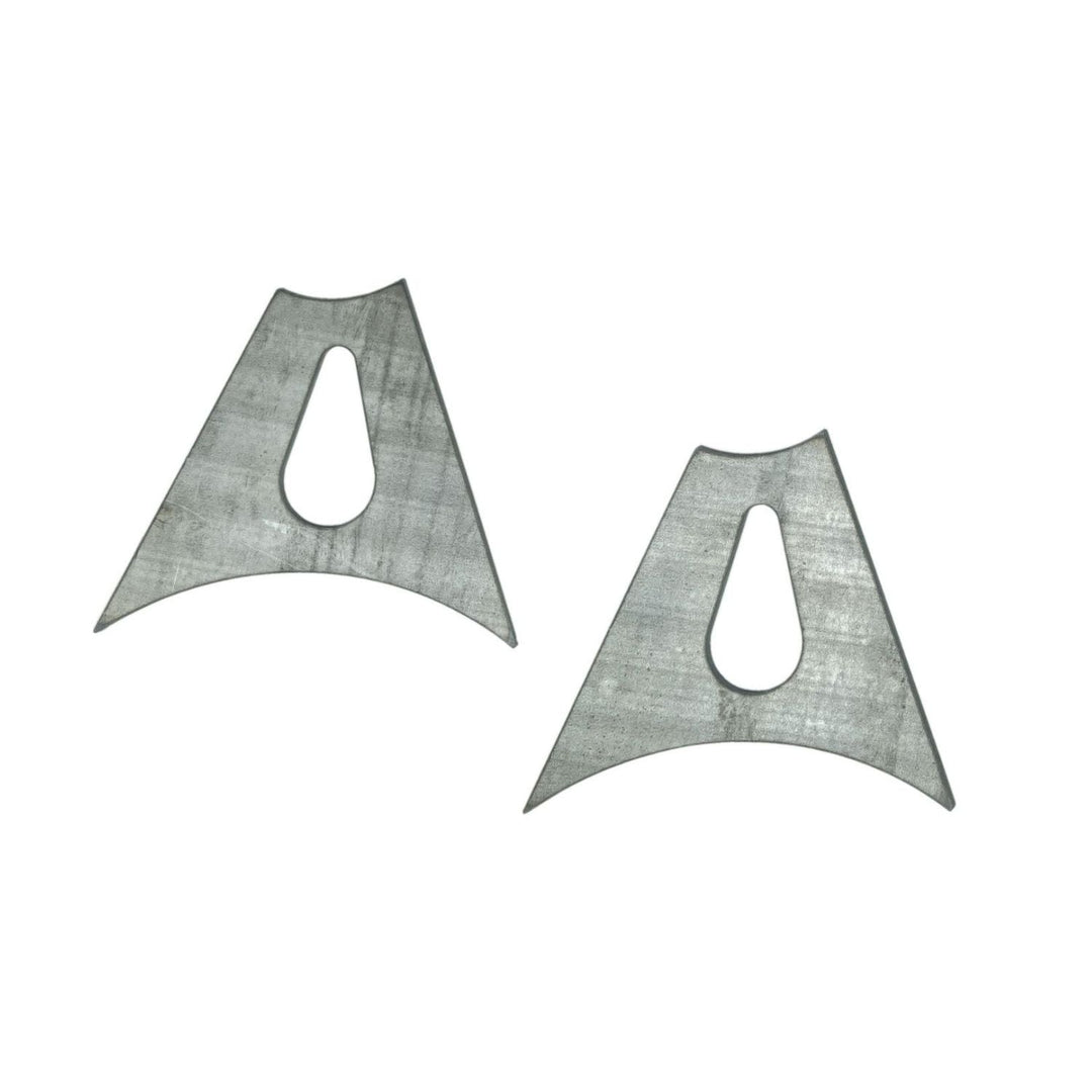 Two weld on steering ram mount gussets on a white background