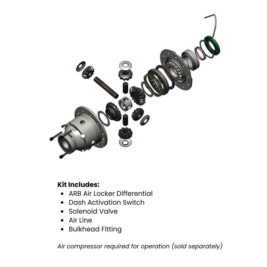 ARB Dana 44 air locker 3.92 and up assembly with labeled parts on a white background