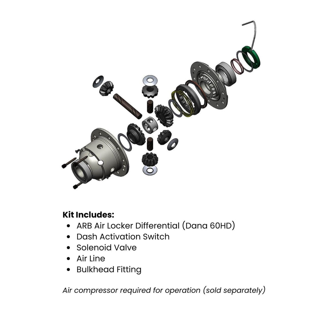 ARB rear locker AAM 11.5 axle exploded diagramon a white background with text listing included items.