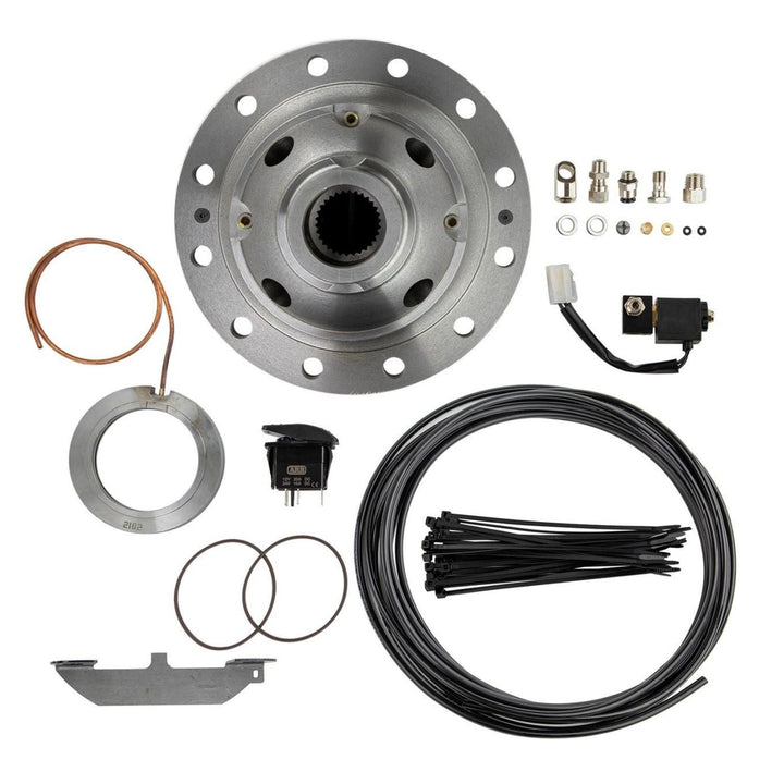 Collection of Heavy duty air locker AAM 11.5" parts including a metal flange, wiring harness, and connectors on a white background.