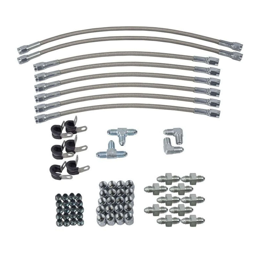 Single steer brake plumbing kit components on a white background