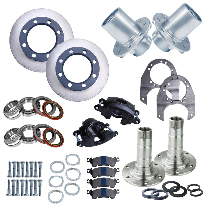 GM Dana 60 front axle rebuild kit 6 lug parts including rotors, bearings, and spindles on a white background