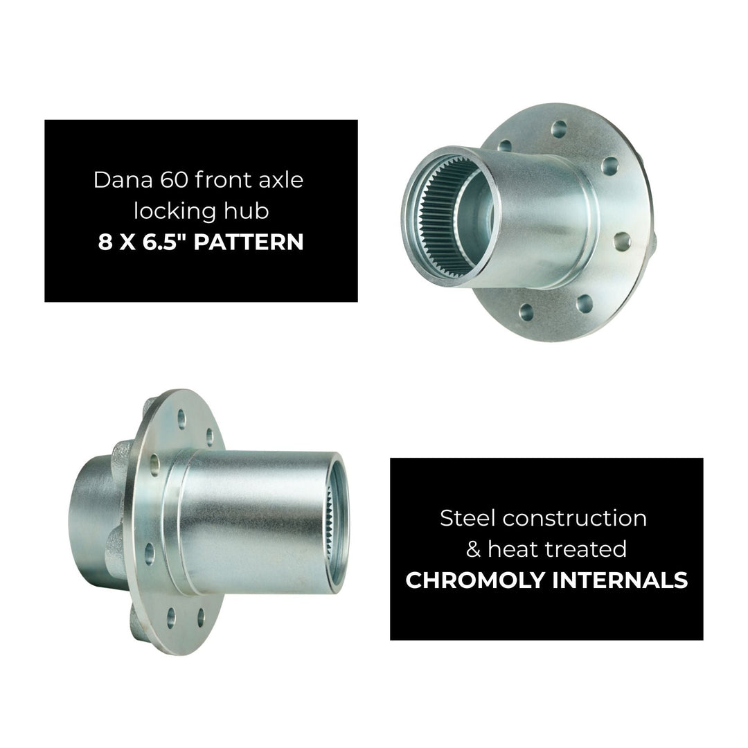 Dana 60 6 lug front axle locking hub with specifications on a white background