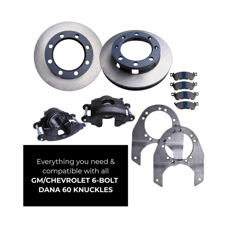 Dana 60 6 bolt hub conversion kit for GM front axle parts on a white background with text indicating compatibility