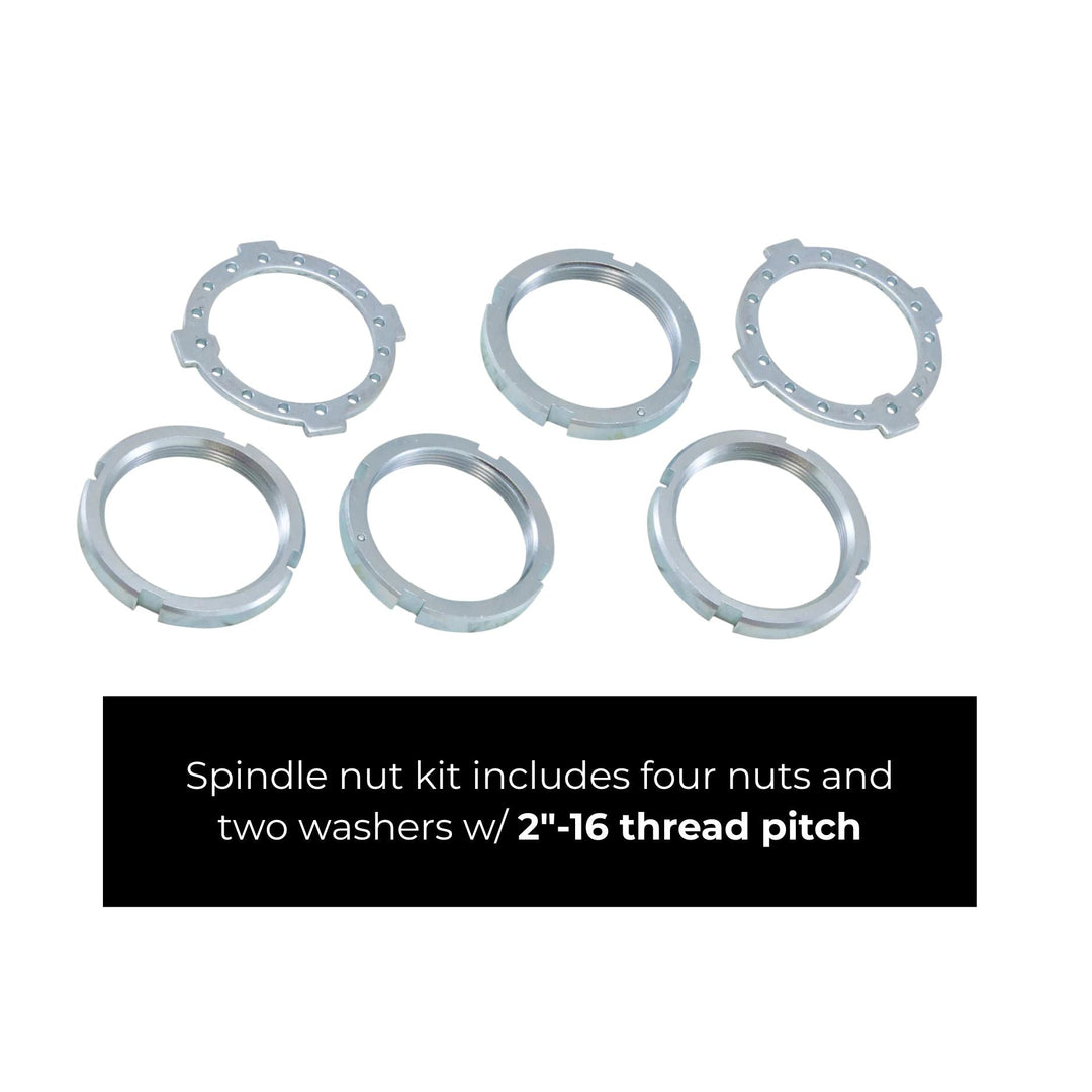 Six silver metal spindle nuts and two matching washers arranged on a white background, with a black text banner at the bottom stating: &