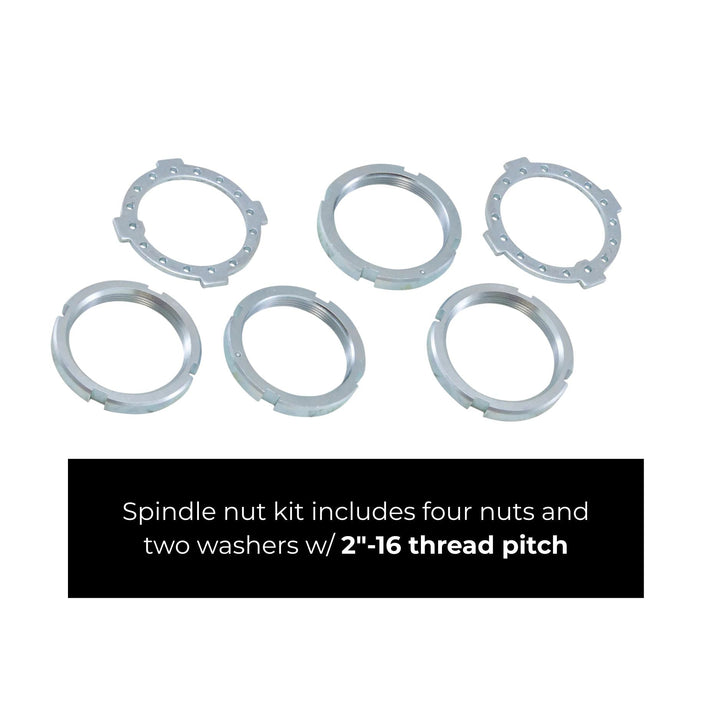 Six silver metal spindle nuts and two matching washers arranged on a white background, with a black text banner at the bottom stating: &