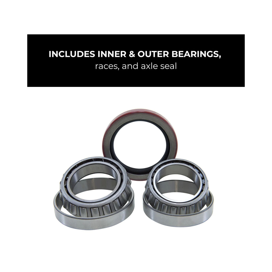 Set of bearings including inner and outer bearings, races, and axle seal on a white background.