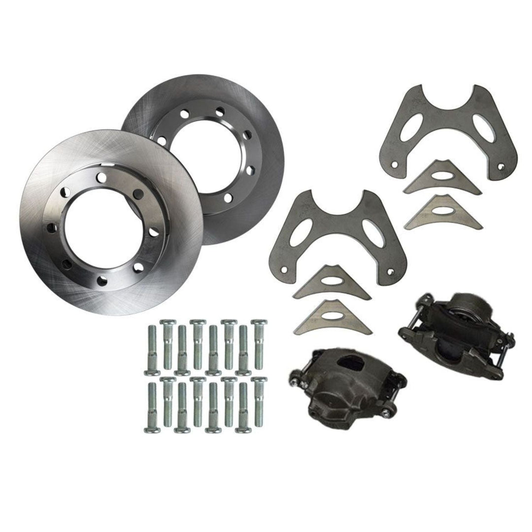 GM 14 bolt rear disc brake conversion kit including rotors, calipers, and hardware on a white background