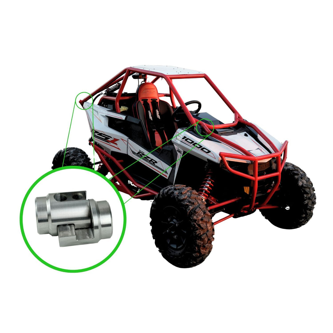 Red and white off-road vehicle with a close-up of a off road chassis tube disconnect on a white background