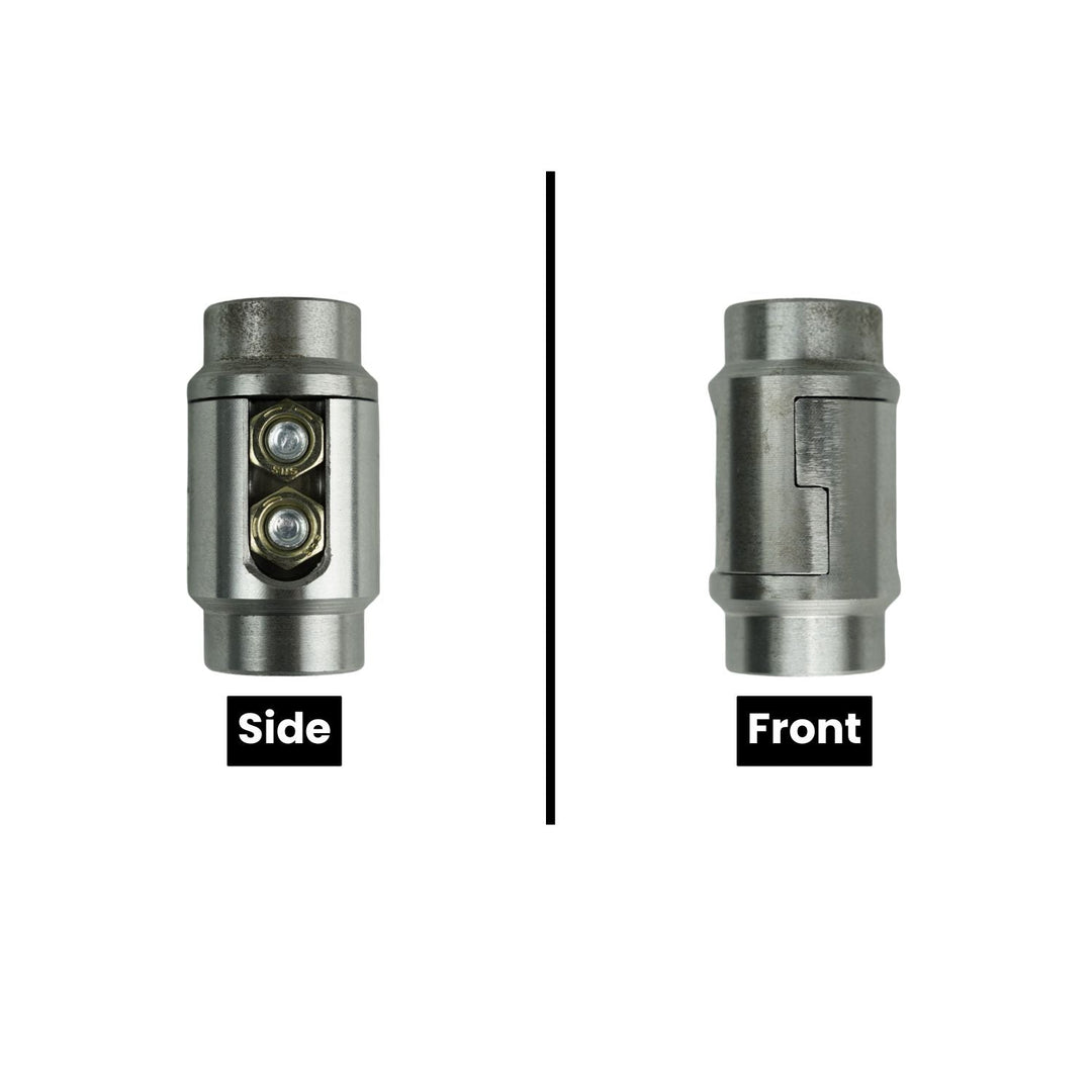 4140 chromoly tube connector shown from side and front views on a white background