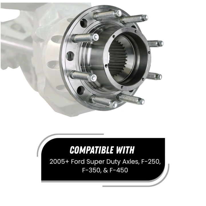 Ford Super Duty unit bearing with compatibility text for Ford Super Duty axles on a white background