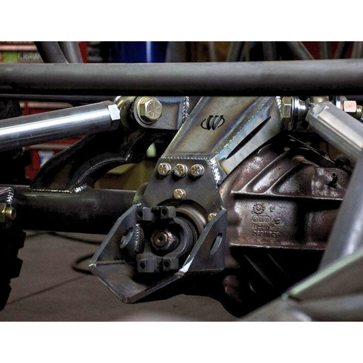 Close-up of a weld on 14 bolt tie-in kit with visible branding on a blurred background