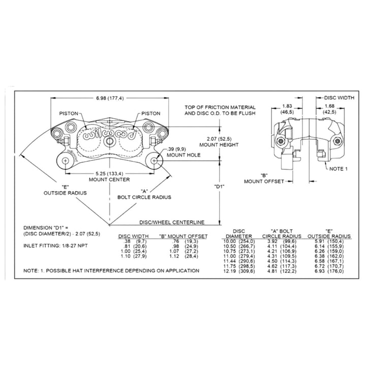 Technical drawing of Wilwood Dynalite 5.25 inch lug mount calipers with dimensions and specifications