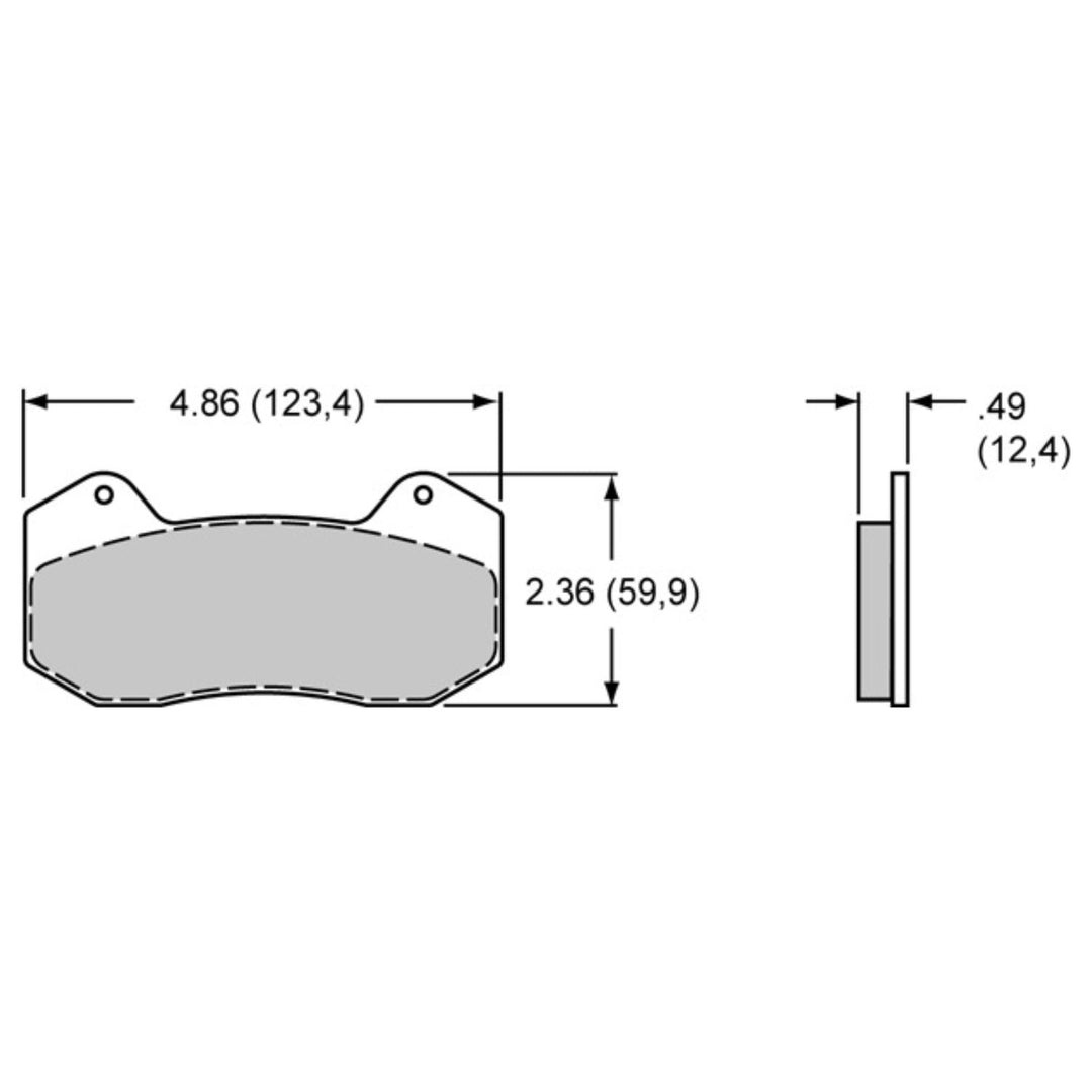 Technical drawing of a Wilwood BP-10 brake pads axle set with dimensions labeled
