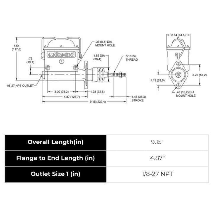 Technical drawing and specifications of a Wilwood 3/4 inch bore racing master cylinder on a white background
