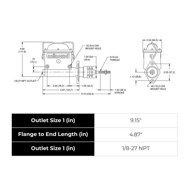 Technical drawing and specifications of a Wilwood aluminum racing master cylinder 1.00 on a white background