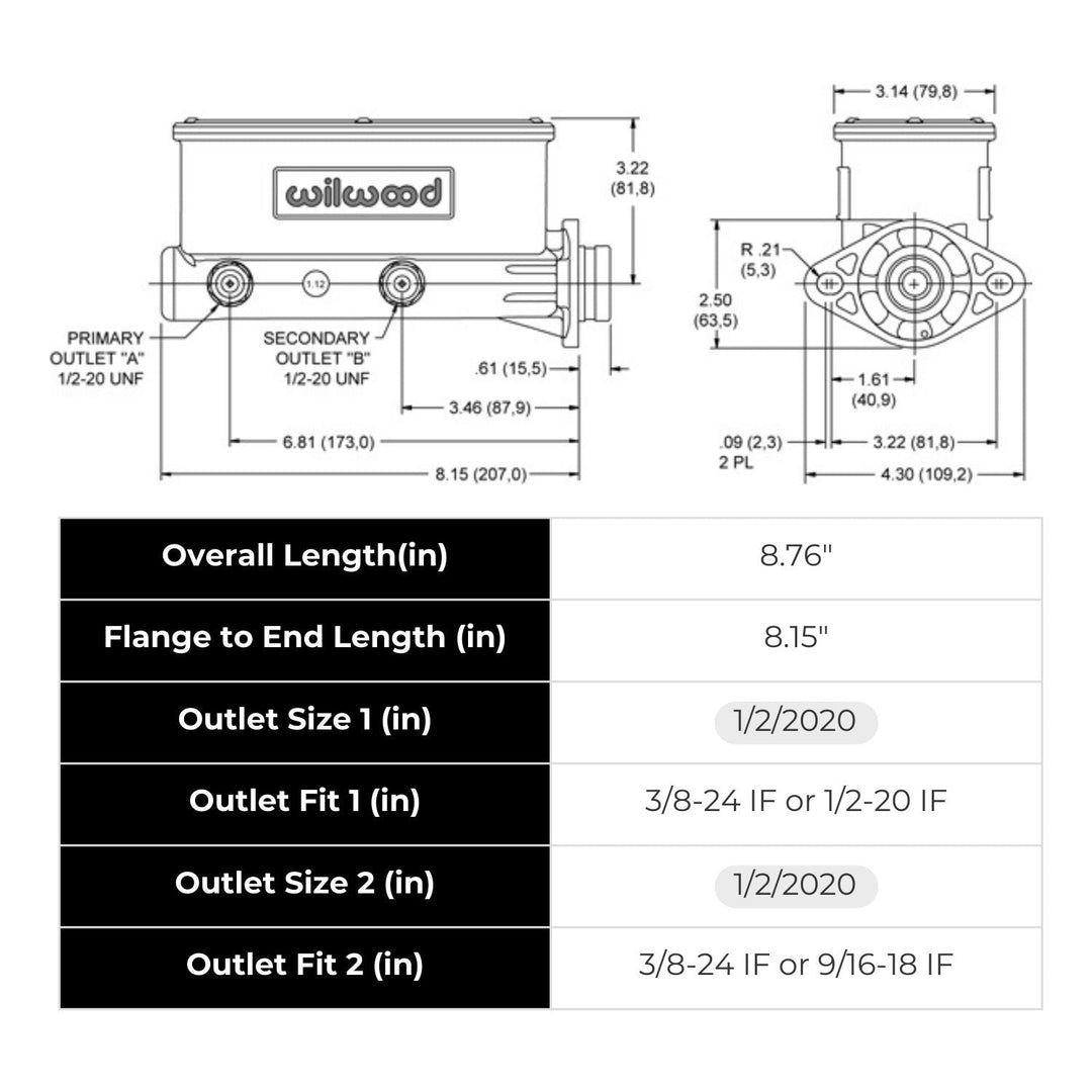 Technical drawing of a Wilwood 1-1/8 inch bore tandem master cylinder with dimensions and specifications, featuring the brand 'Wilwood'.