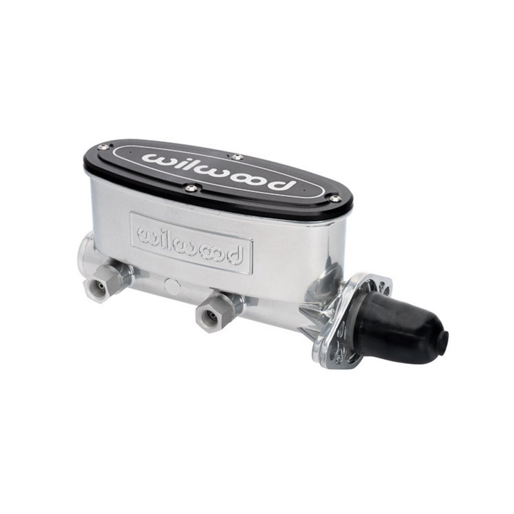 Aluminum tandem master cylinder integral reservoir with 'Wilwood' branding on a white background