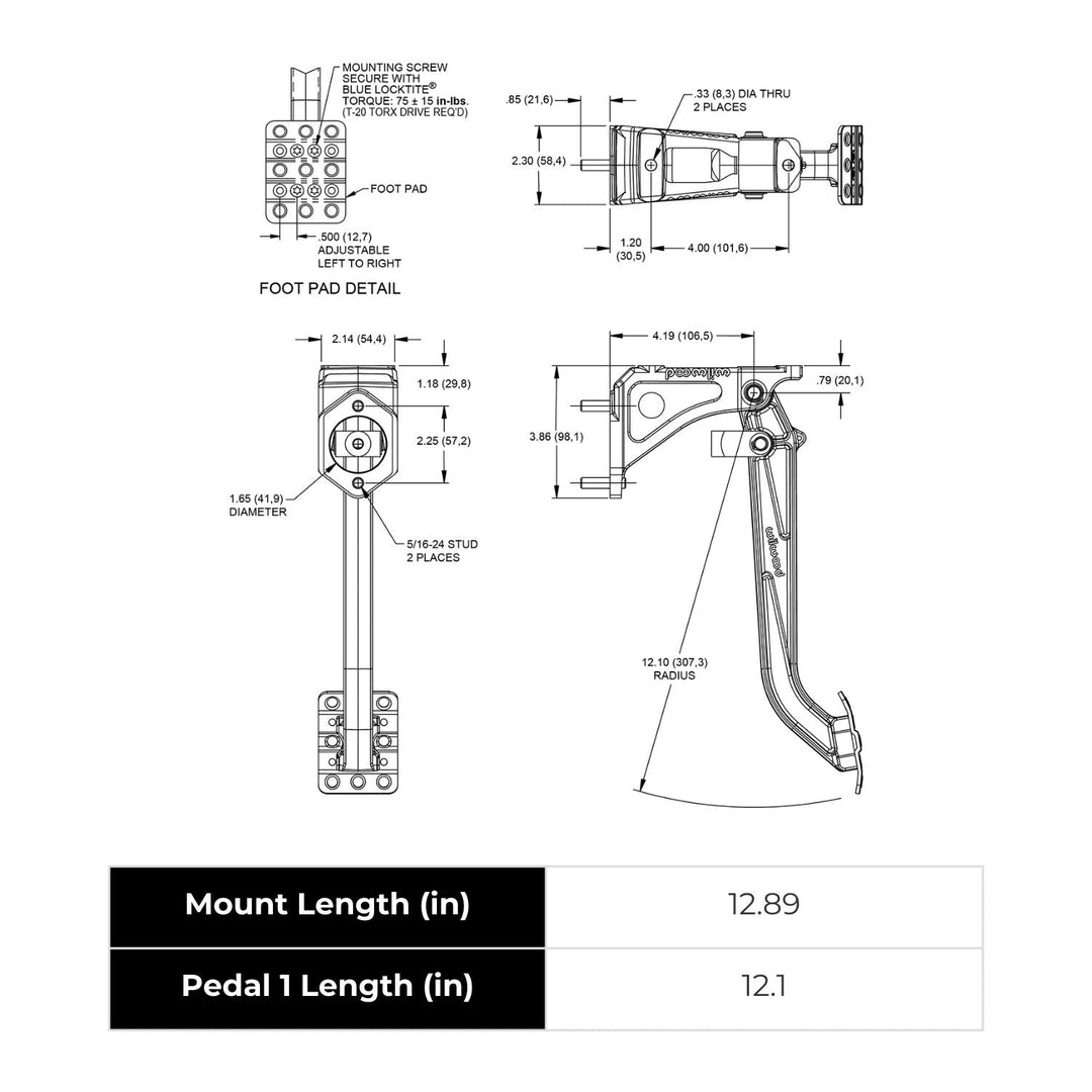 Technical diagram of a Wilwood swing mount brake pedal single master with measurements on a white background