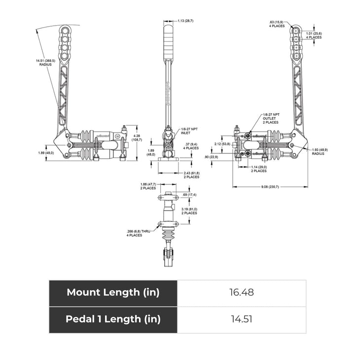 Technical diagram of a mWilwood inline cutting brake dual cylinder with measurements on a white background
