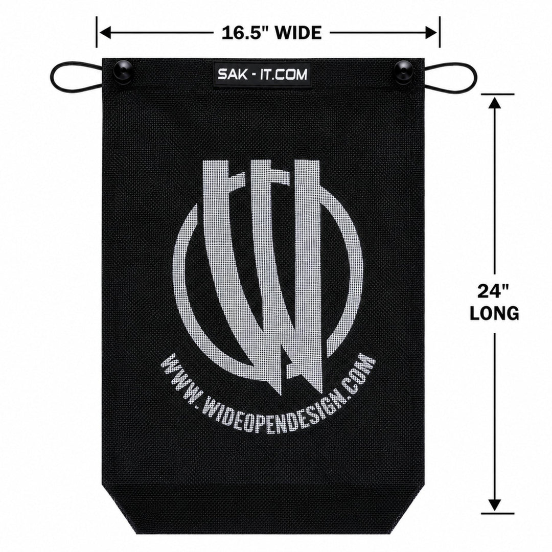 off-road trail trash bag, shown with measurements on a white background.