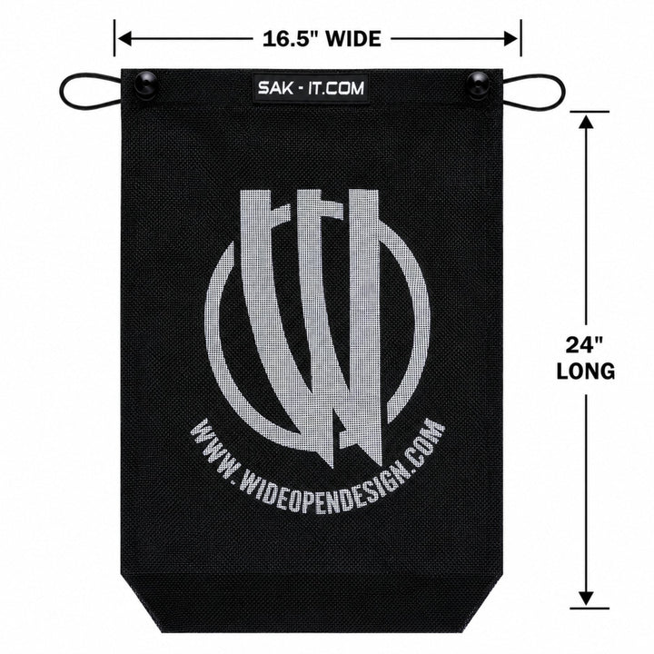 off-road trail trash bag, shown with measurements on a white background.