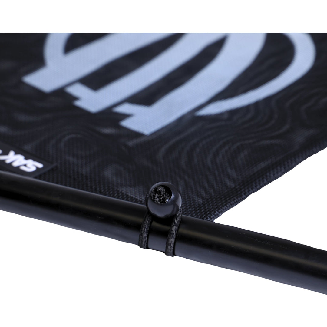 Close-up of a black roll cage storage bag on a white background