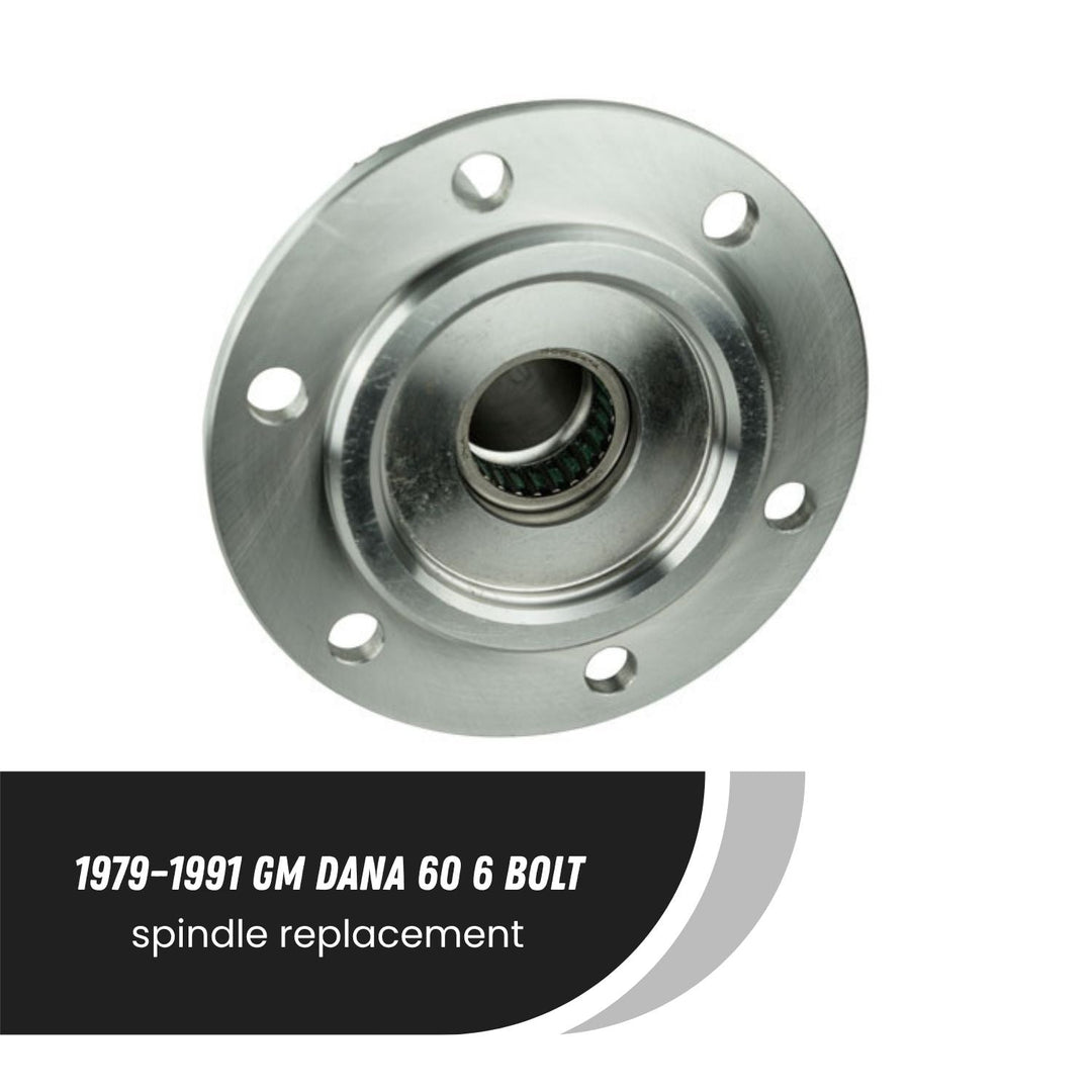 heavy duty gm dana 60 spindle on a white background, labeled for GM Dana 60 6-bolt spindle replacement.